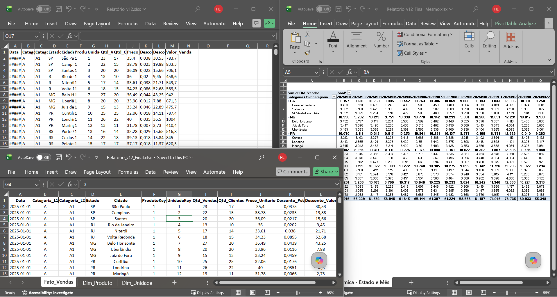 Várias planilhas de Excel abertas ao mesmo tempo